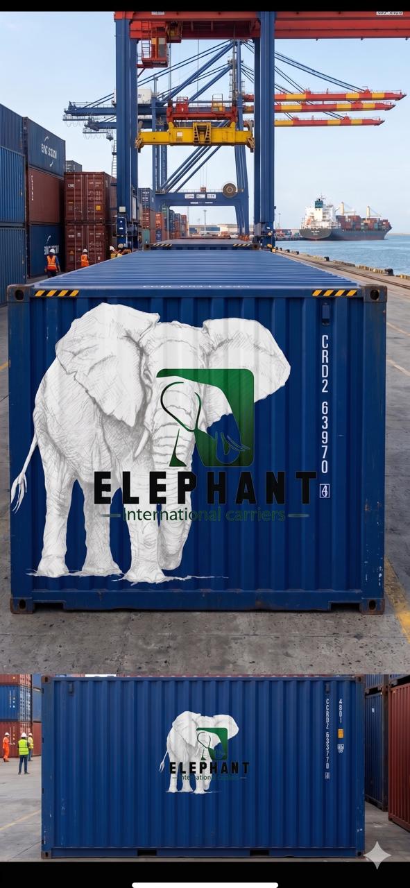 Elephant International Couriers branded shipping containers at port